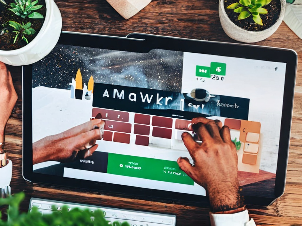 RAW photo, close-up shot of hands typing on a laptop with AI content marketing software interface visible, stylish and contemporary workspace with potted plants, soft ambient lighting, 8k UHD, high resolution, realistic photo