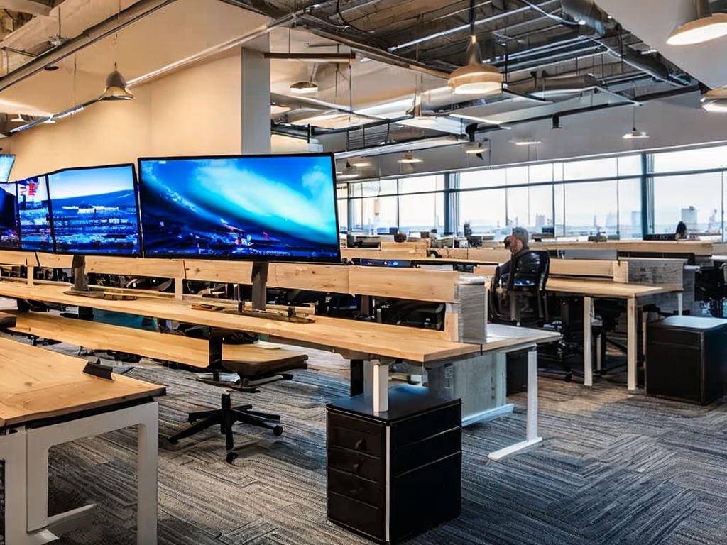 RAW photo, a modern workspace featuring a laptop and digital screens displaying AI-generated content, bright and creative environment, natural light pouring in, high-quality detail, 8k UHD, film grain effect, Fujifilm XT4