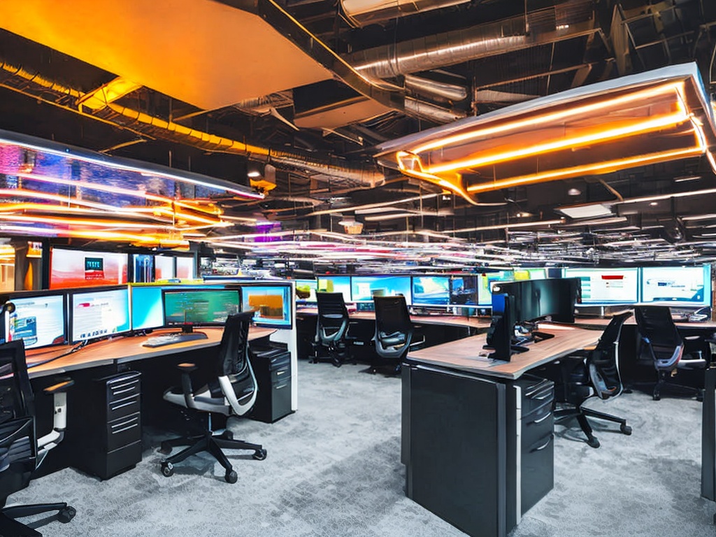 RAW photo, a futuristic workspace showcasing an AI content creator at work, featuring a sleek computer setup with multiple monitors displaying creative designs, vibrant colors, and digital graphics, ambient lighting creating an inspiring atmosphere, 8k uhd, high quality, realistic photo, film grain