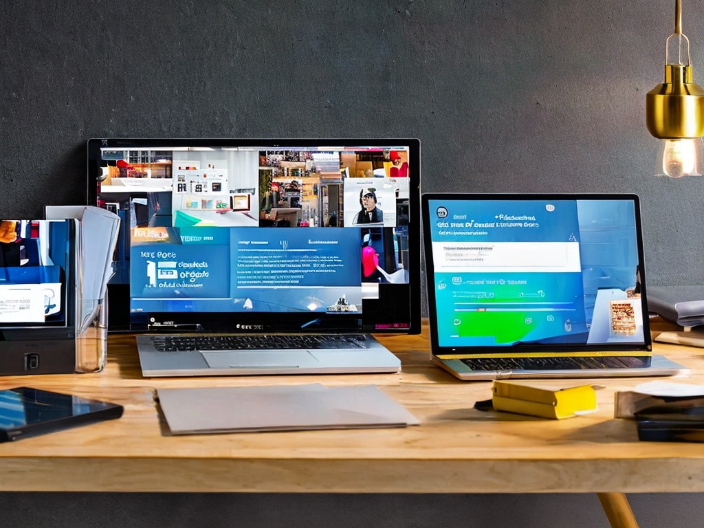 RAW photo, a modern workspace showcasing various AI marketing tools on a sleek desktop, including a laptop with data visualization, smartphone displaying analytics, and creative marketing materials, bright lighting, 8k UHD, high quality, realistic photo with subtle film grain, Canon EOS R5