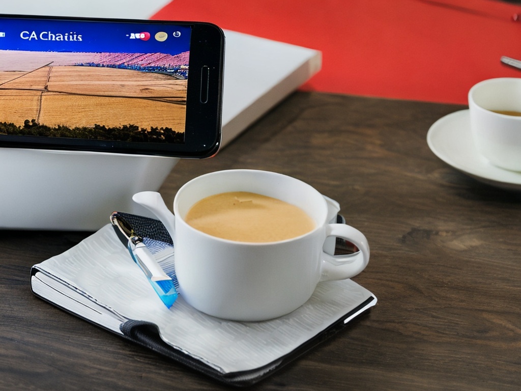 RAW photo, a close-up shot of a smartphone showing an AI chatbot application being used for customer inquiries, table setting with office stationery in the background, soft focused details, 8k UHD, high quality, realistic photo.