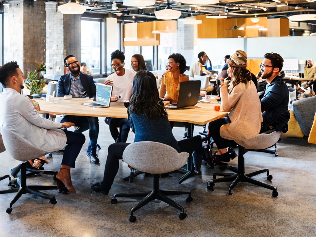 RAW photo, a diverse group of people in a modern co-working space collaborating on free AI software, showcasing enthusiasm and creativity, vibrant and inviting atmosphere, 8k UHD resolution, capturing lively interactions with high-quality details