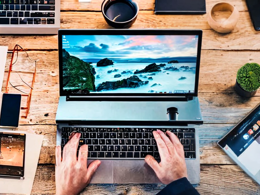 RAW photo, a laptop open on a desk surrounded by gadgets, showcasing a virtual meeting on AI applications with integrated graphics, modern tech vibe, soft lighting, 8k uhd, high resolution, realistic photo