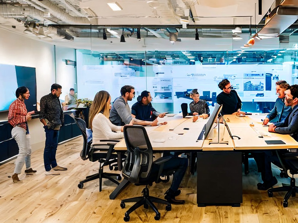 RAW photo of a team of diverse developers brainstorming over a digital whiteboard filled with AI development concepts and strategies, soft lighting enhancing a modern office space, high-quality, 8k uhd, capturing the essence of teamwork in technology