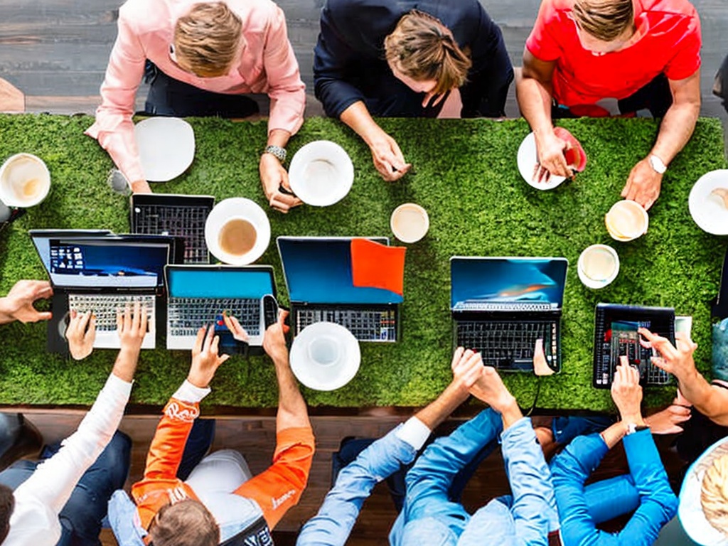 RAW photo, an overhead view of a creative marketing team brainstorming with digital tablets displaying AI-generated marketing content, vibrant colors, natural daylight, 8k UHD, high-quality, realistic photo, Nikon Z6