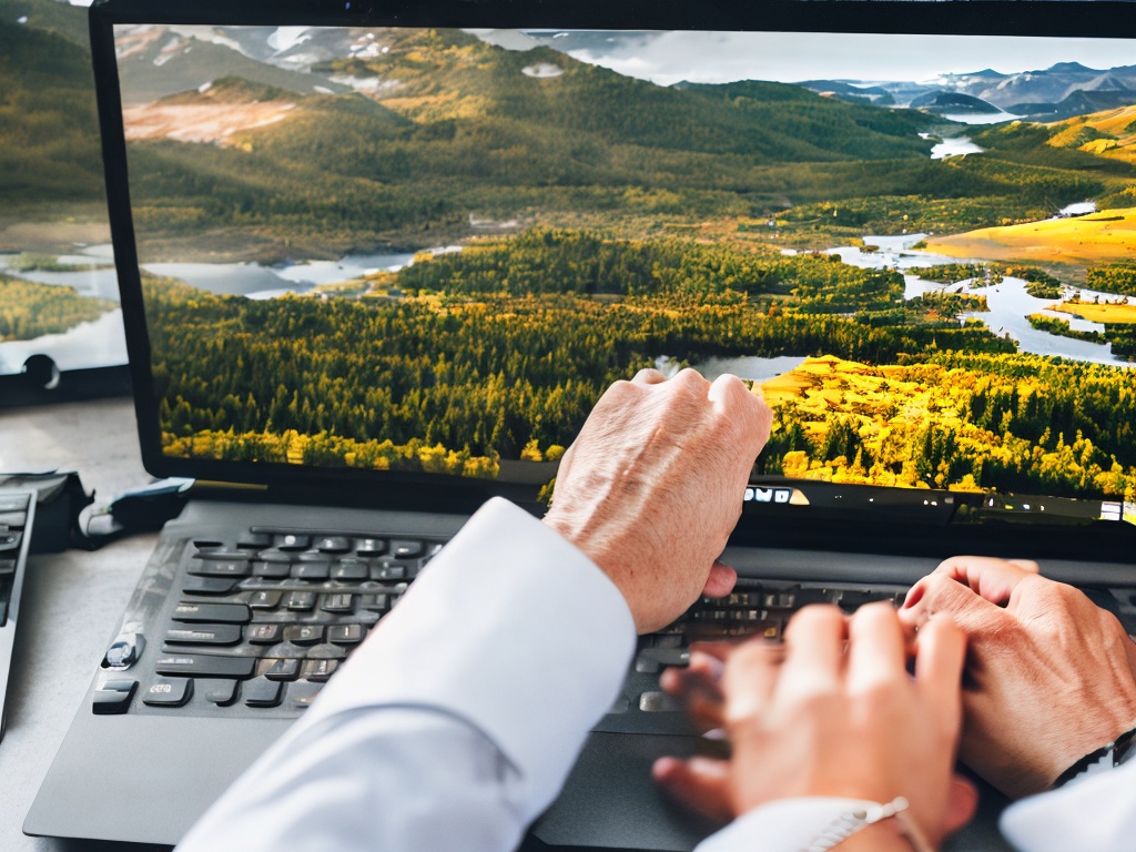 RAW photo, a close-up of a person's hands typing on a laptop with AI-generated images on the screen, emphasizing the integration of technology in modern content workflows, natural light from a nearby window, 8k uhd, high resolution, capturing intricate details and textures, Fujifilm XT4