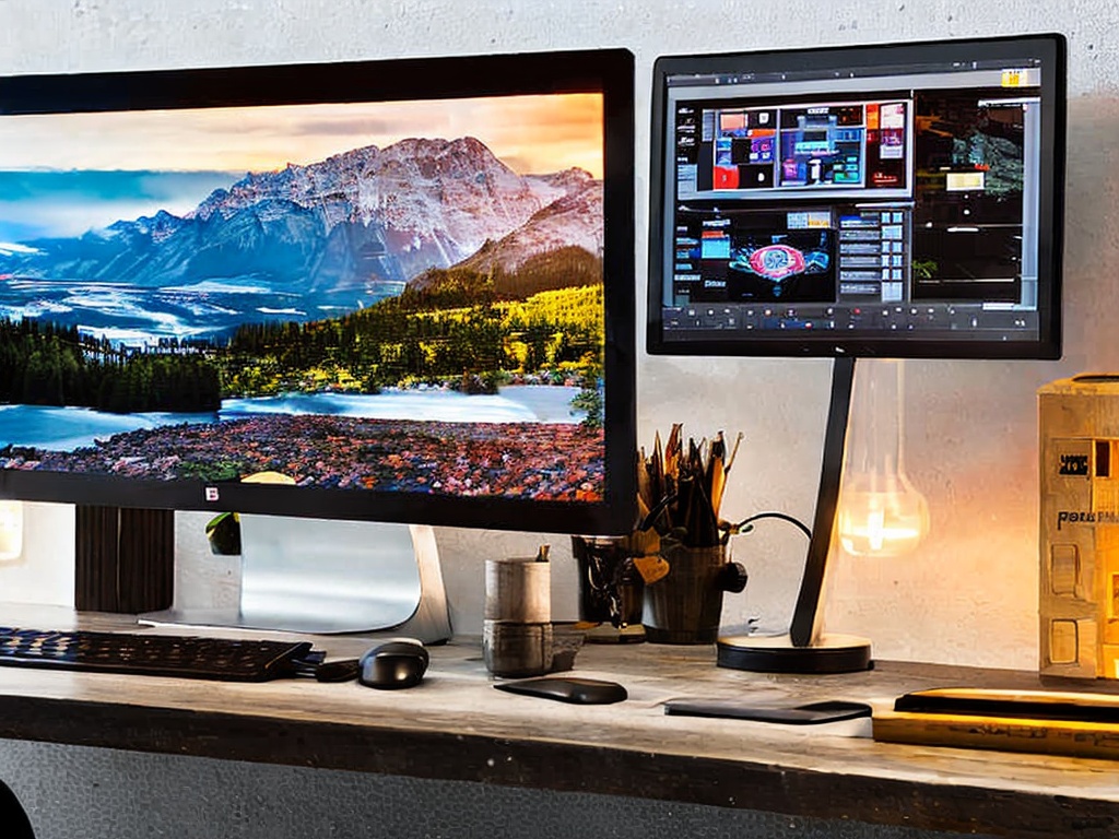 RAW photo, a high-tech workspace showcasing AI-driven content creation tools, with a sleek computer setup featuring a vivid screen displaying creative designs, soft ambient lighting, 8k UHD resolution, highly detailed and realistic photograph, captured with a Canon EOS R5