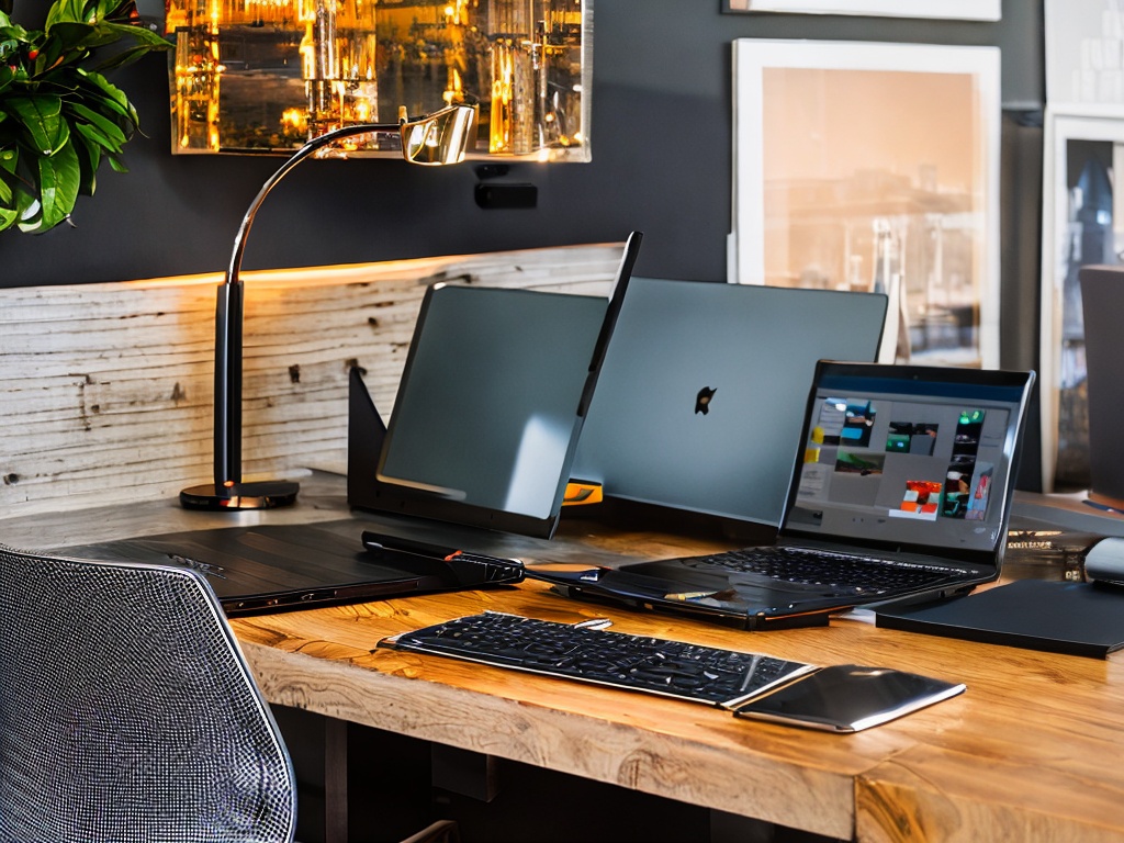 RAW photo, a sleek modern desk setup with a laptop displaying a content writing AI tool interface, surrounded by notebooks and pens, warm ambient lighting showcasing a creative workspace, 8k uhd, high quality, realistic photo, Fujifilm XT3