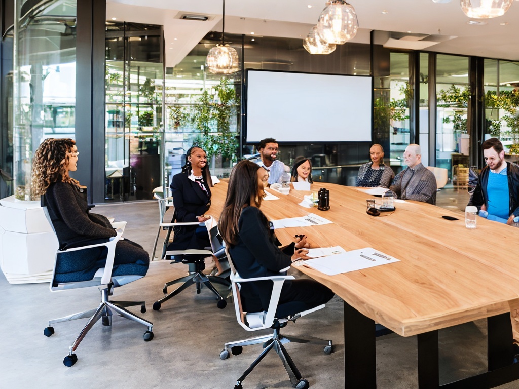 RAW photo, a diverse group of professionals gathered around a table discussing and brainstorming ideas using an AI no code platform displayed on large screens, bright and inviting meeting space, natural light streaming in, 8k UHD, high detail and clarity.