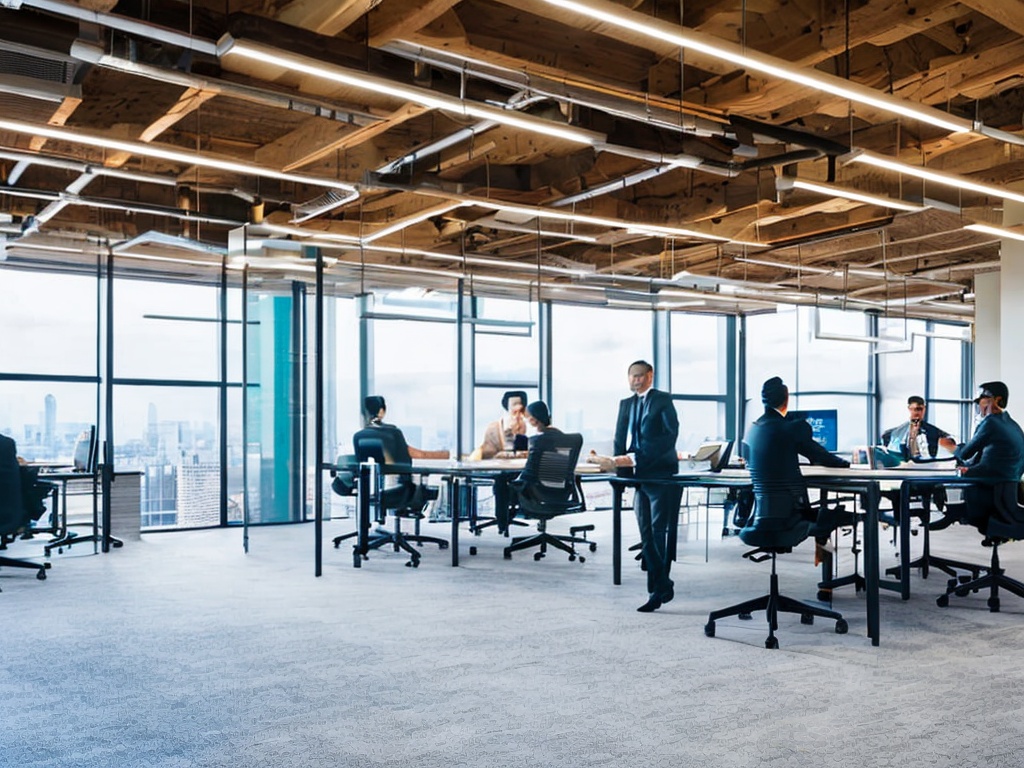 RAW photo, a modern office space featuring a team of professionals collaborating over digital screens displaying AI analytics and data, natural light pouring in through large windows, 8k UHD, high quality, realistic photo, Fujifilm XT3