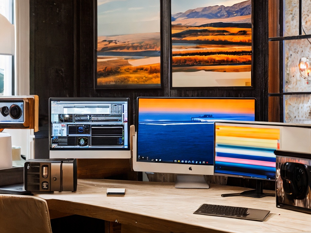 RAW photo, a modern workspace showing a computer screen displaying AI-driven content creation tools, including digital writing and design applications, bright and vibrant lighting, 8k UHD, high quality, realistic photo, subtle film grain, captured with a Canon EOS R5.