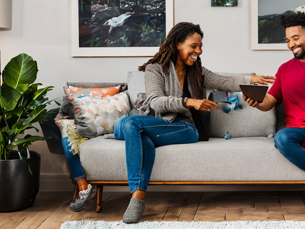 RAW photo, a person interacting with an AI assistant on a smart device in a cozy living room setting, showcasing how AI integrates into daily routines, warm lighting, high-quality 8k UHD, capturing real-life moments with a realistic and immersive feel, Canon EOS R5