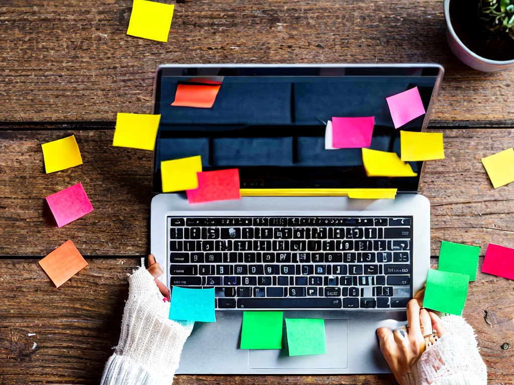 RAW photo, close-up shot of a person typing on a laptop illustrating various free AI writing tools on screen, with colorful post-it notes around them signifying ideas, shot in soft natural light, 8k UHD, high-resolution image, capturing details clearly with a high-quality DSLR camera