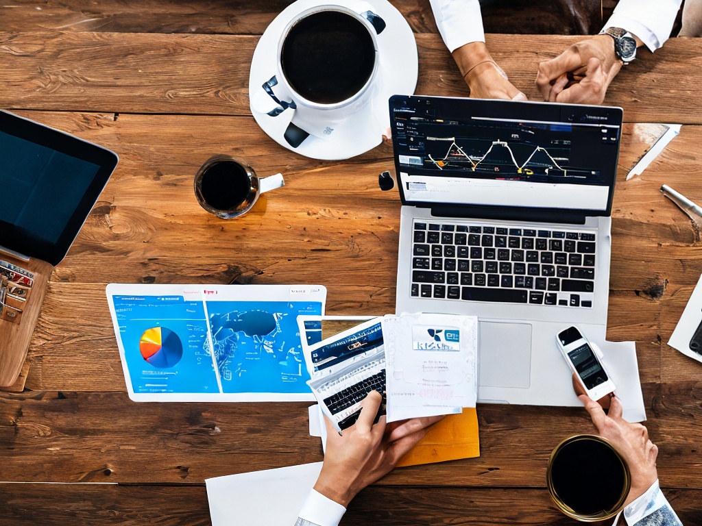 RAW photo, an overhead view of a digital marketing workspace, featuring a laptop displaying analytical graphs and data analytics related to AI-driven online marketing, surrounded by creative tools and notes, soft lighting, 8k uhd, high resolution, detailed texture