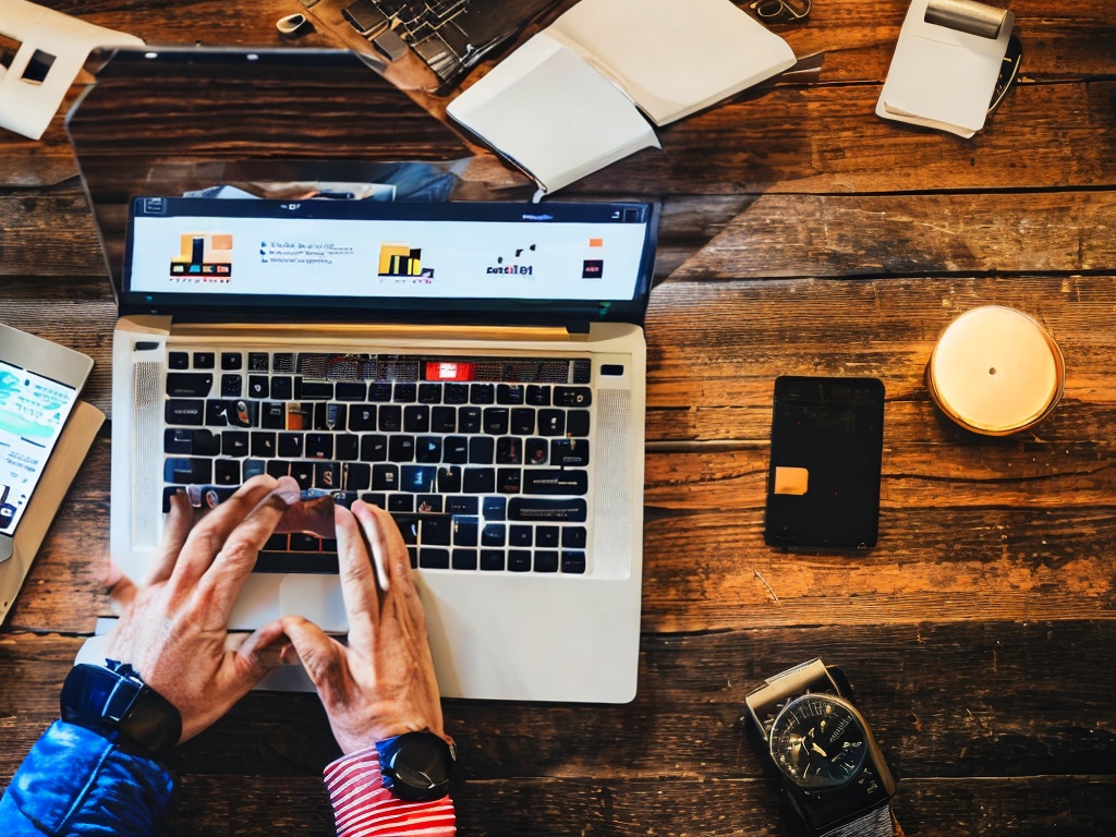 RAW photo, close-up of hands typing on a laptop with professional software for automation displayed on the screen, organized workspace with digital gadgets in the background, warm ambient lighting, 8k UHD resolution, crisp details, realistic photo